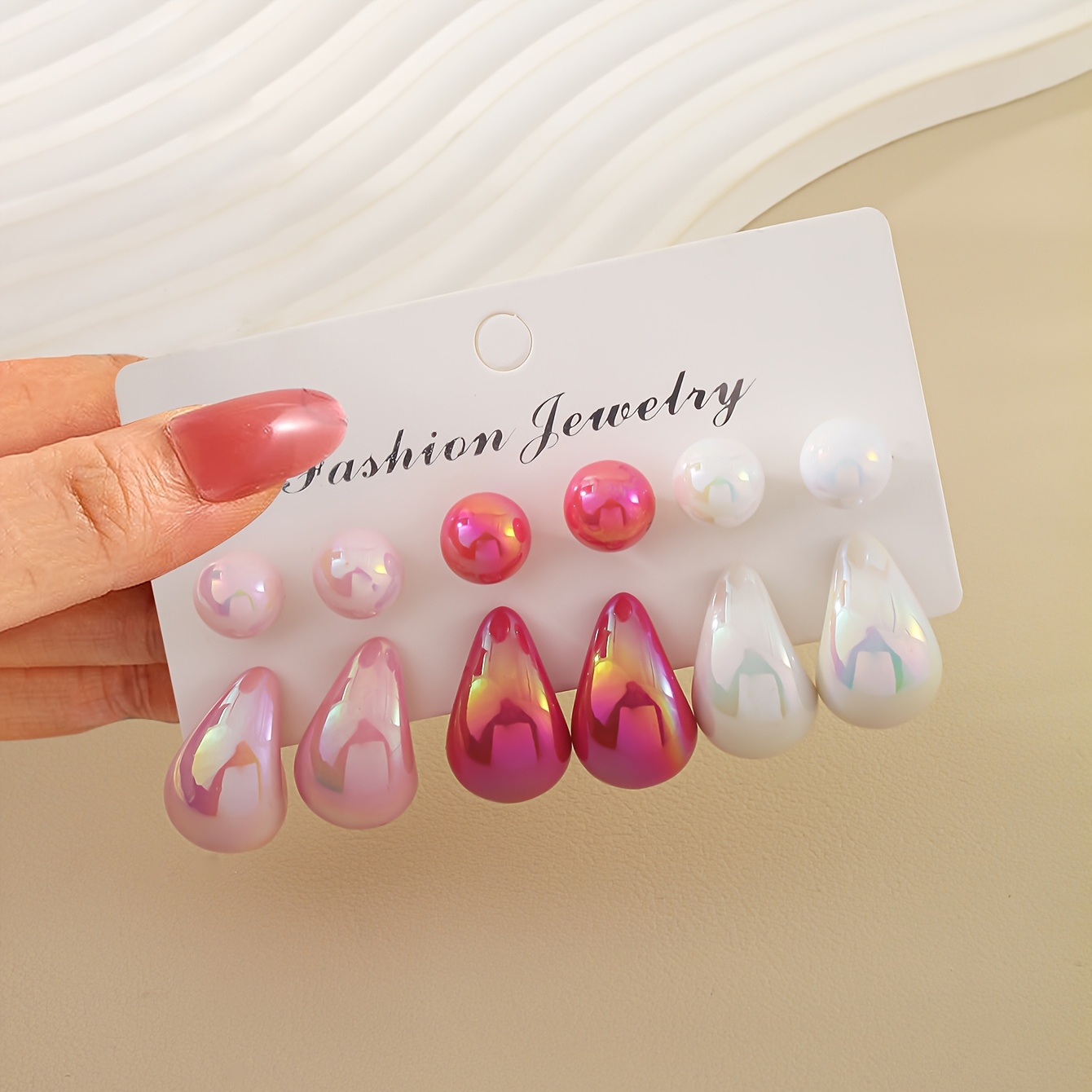 12pcs AB Pink Water Drop Earrings Set Ball Earrings